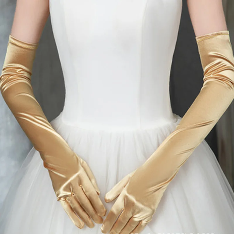 Satin Gloves Korean Women Christmas Wedding Dress Long Elastic Etiquette Gloves Summer Sunscreen UV Full Finger Driving Glove K14