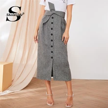 Sheinside/юбка с разрезом на элегантных кнопках для женщин, Осенние Юбки миди с высокой талией и узлом спереди, женская серая прямая юбка