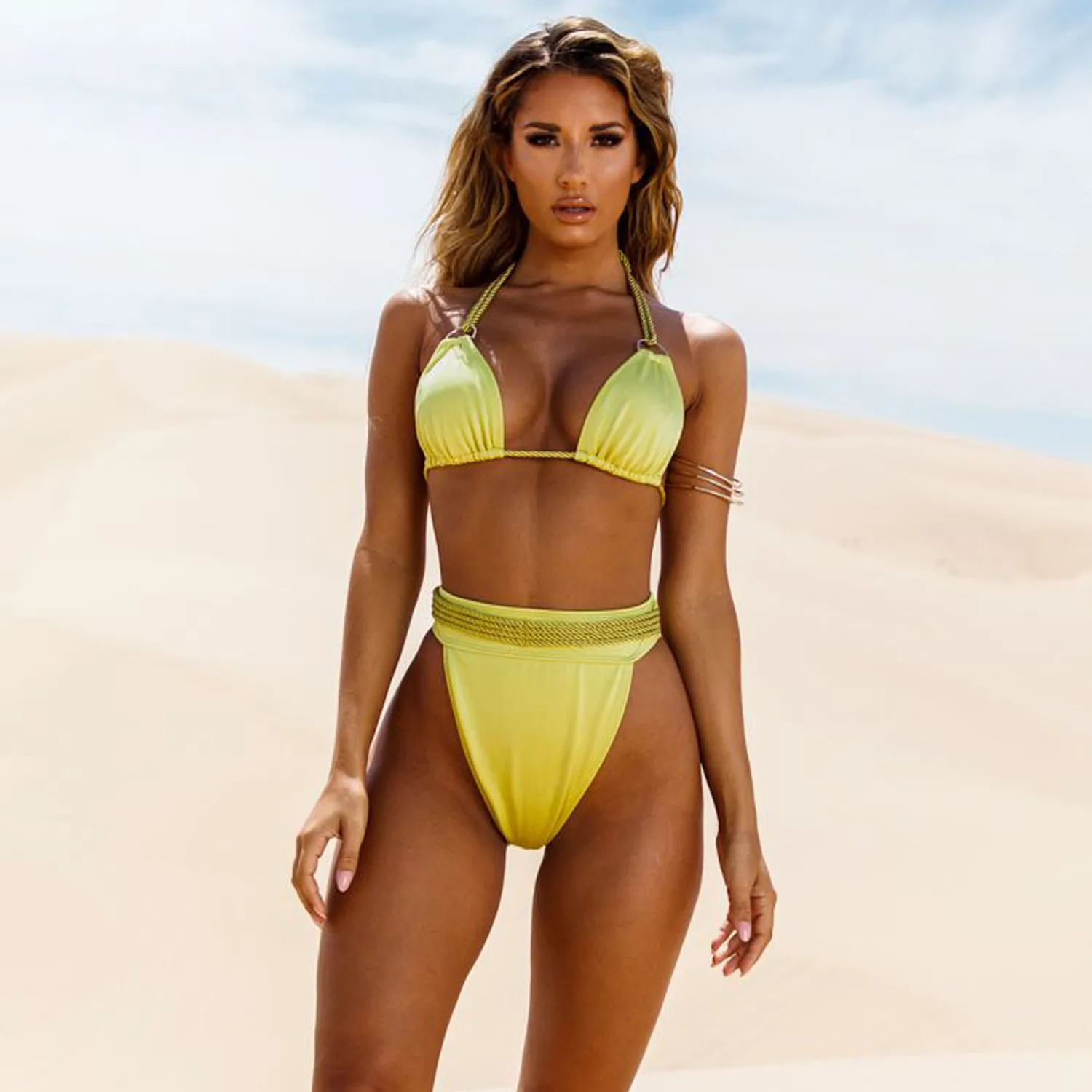  2020 Swimwear Sexy Two-piece High Waist Bikini Women Swimming Suit Solid Color Gauze