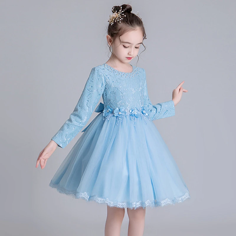 Платье принцессы для девочек г. Осенне-зимние модели, Сетчатое платье детская одежда с цветочным рисунком для больших детей для детей от 3 лет - Цвет: Небесно-голубой