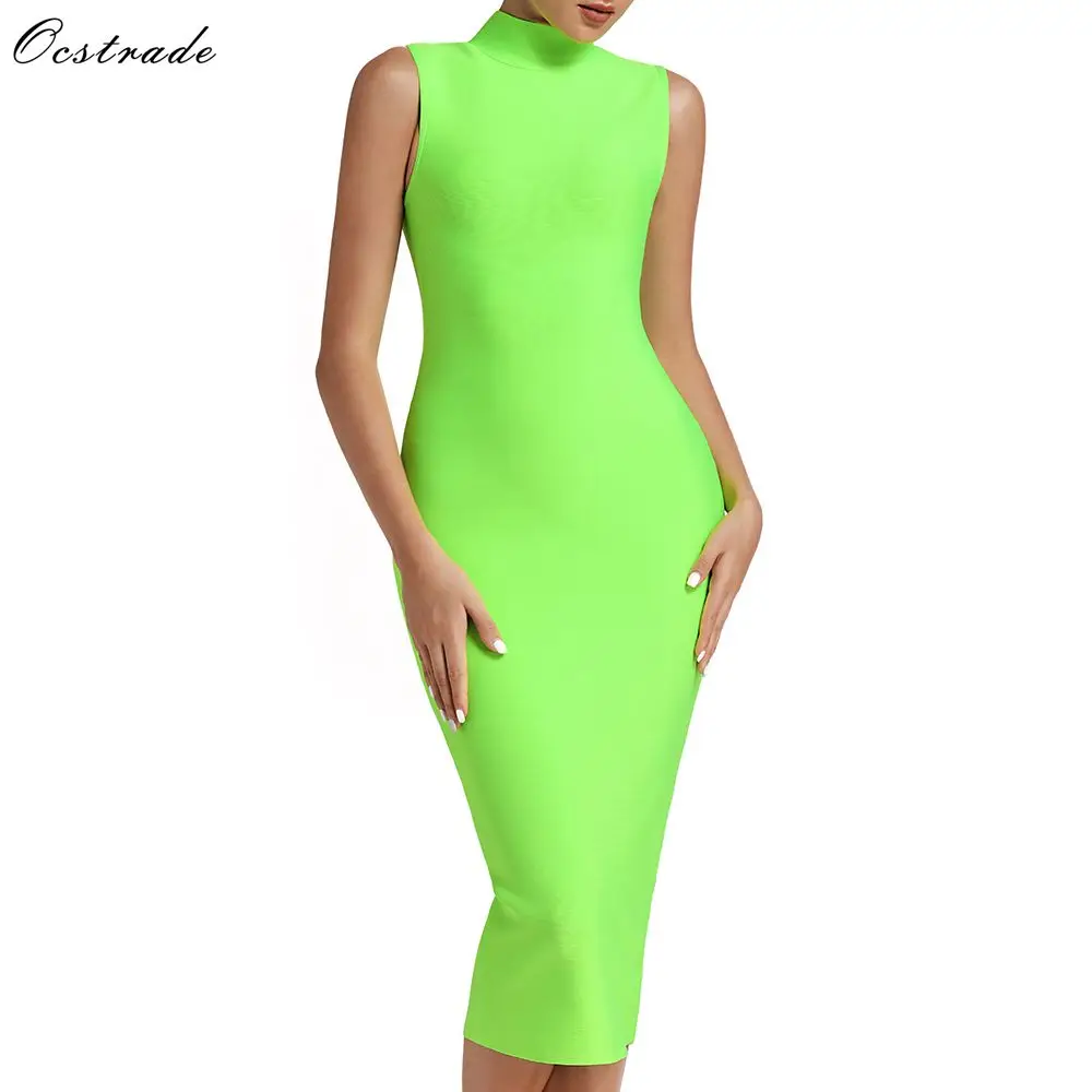 

Ocstrade Rayon Vestidos Bandage 2019 Sexy Summer New Arrival Women High Neck Neon Green Bandage Dress Midi Bodycon Party Dress
