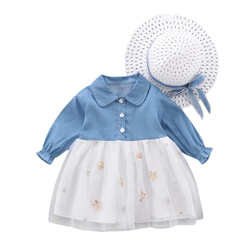 

Infant baby girl dress 2019 Autumn Winter Girl Long Sleeve Denim Splice Star Tulle Princess Dresse+Hat Outfits baby girl clothes