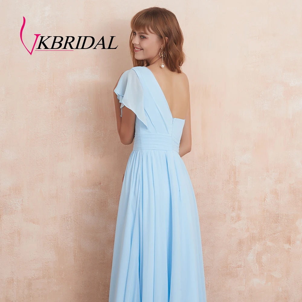 VKbridal ТРАПЕЦИЕВИДНОЕ ПЛАТЬЕ больших размеров для свадебной вечеринки, выпускного бала для Juniros реальное изображение одно плечо шифоновое платье для подружки невесты длинное