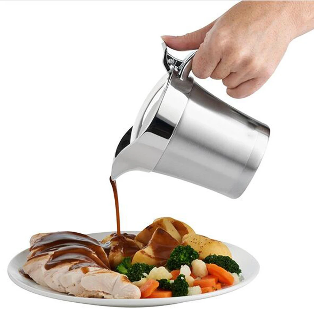 Double Wall Insulated Stainless Steel Gravy Boat and Sauce Jug with Hinged Lid, 450ml Capacity, Milk Jug
