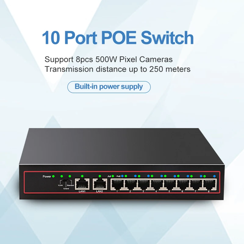 

10Port POE Ethernet Switch 48V VLAN 10/100Mbps IEEE 802.3 af/at Network Switch for CCTV IP Camera Wireless AP 250M Drop Shipping