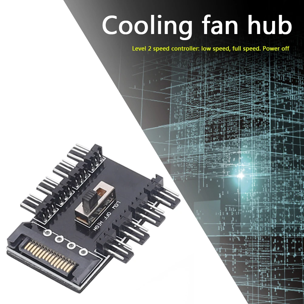 PC SATA 1 to 8 Splitter Cooling Fan Hub with 3Pin 12V SATA Power Socket, PCB Adapter, and 3-Speed Governor for Computer Case Fan Hub Board Description Image.