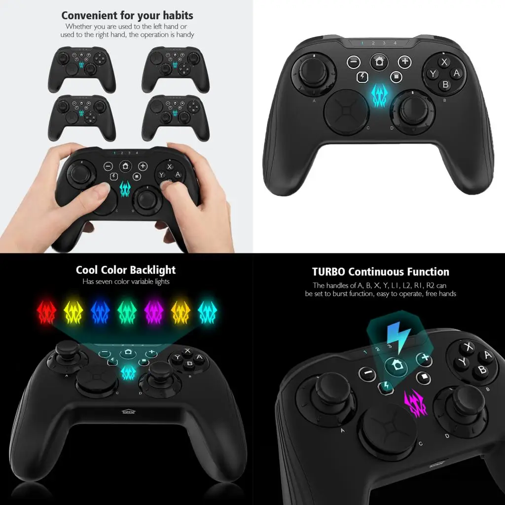 Game Controller Wireless Joystick Gamepad with Seven Variable Color Backlights for N-Switch with Data Cable, Black