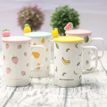 

Unique Strawberry banana Ceramic Coffee mug with spoon lid,Milk Juice Lemon Mug Office coffee cup,Ceramic Tea Cup