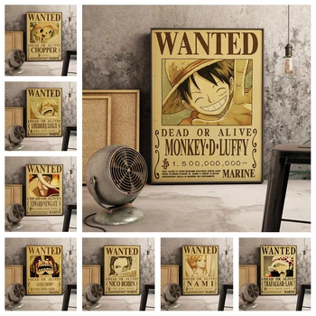 

Cartoon Home Decor Wall Sticker Retro Wanted One Piece Japanese Anime Luffy Nursery Kids Room Posters Canvas Painting HD Print