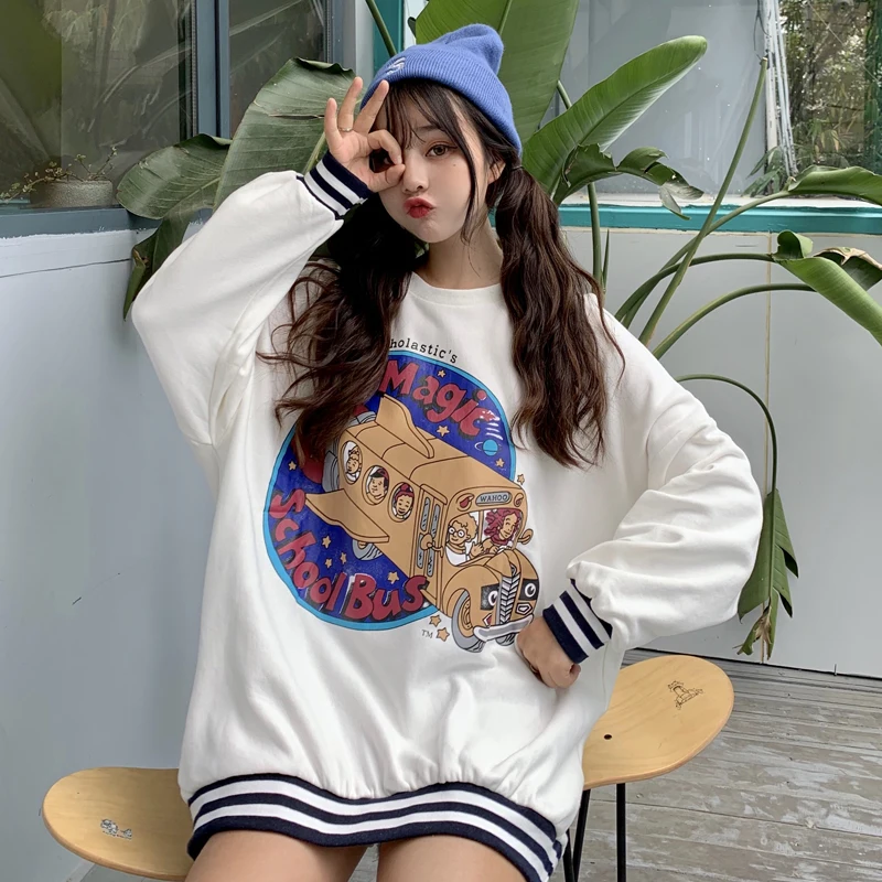 Осенняя Женская толстовка с капюшоном Babydoll Kawaii с изображением автомобиля, топы в полоску с графическим принтом, свободные топы с длинными рукавами в Корейском стиле, Белые и розовые
