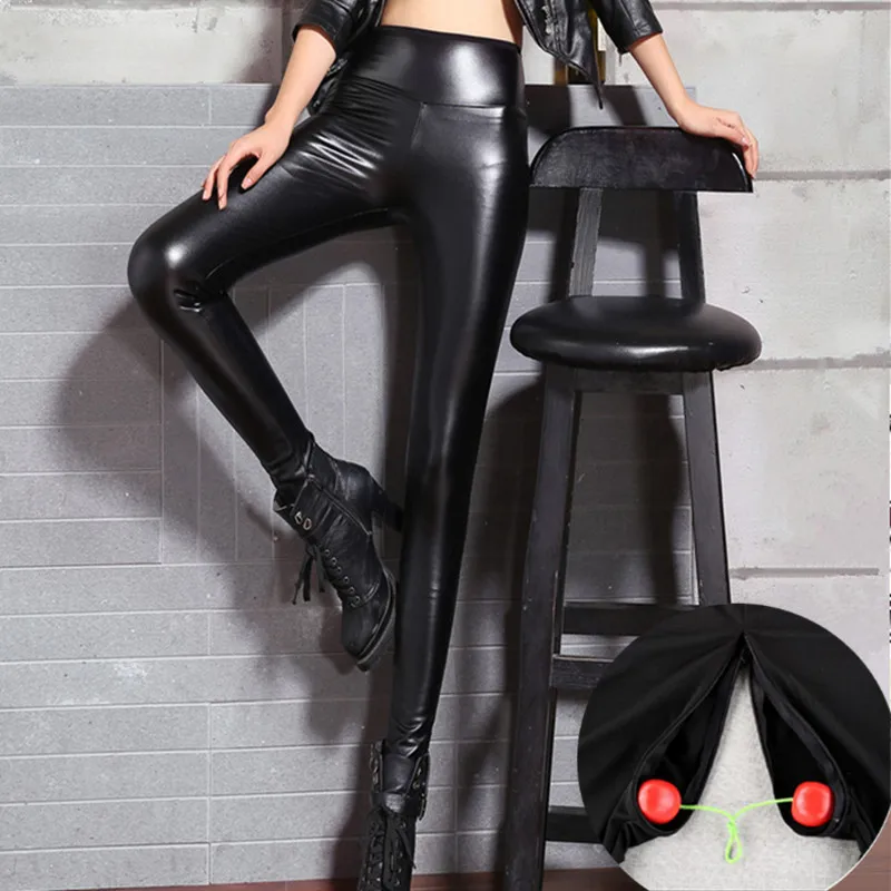 

PU Leather Outdoor Sex Pants Skinny High Waist Leggings Double Zippers Sexy Crotchless Trousers Hosen Frauen Clothes Plus Size