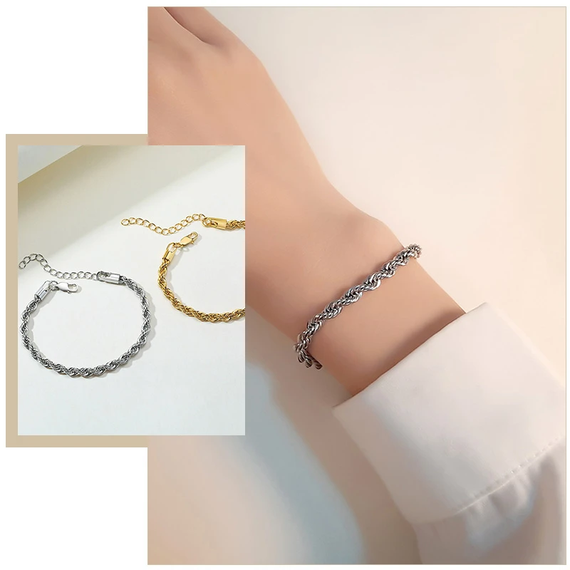 

Trendy Flash Twisted Rope Chain Bracelets for Women Anti Allergy Stainless Steel Wrist Jewelry Adjustable