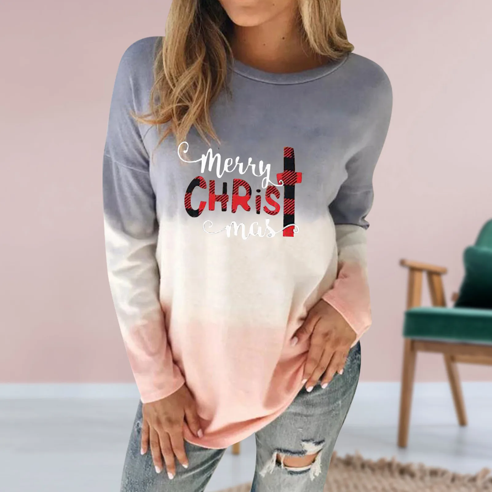 

40#Women Letter Print Blouses Fashion O-neck Christmas Long Sleeves Tops Shirts Gradient