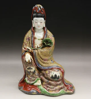 

9.8" Chinese Famille-rose Porcelain Buddhism Lotus Leaf Kwan-yin Guan Yin Statue