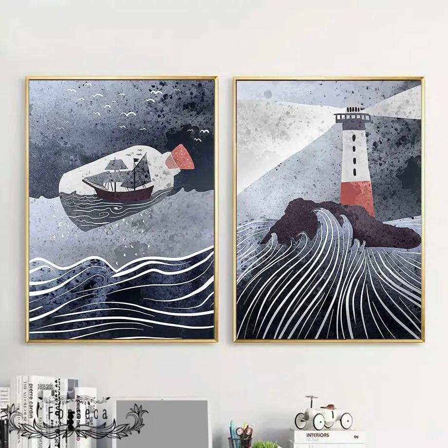 Темный цвет мультфильм морские волны Акула маяк лодка Дрифтинг Бутылка холст
