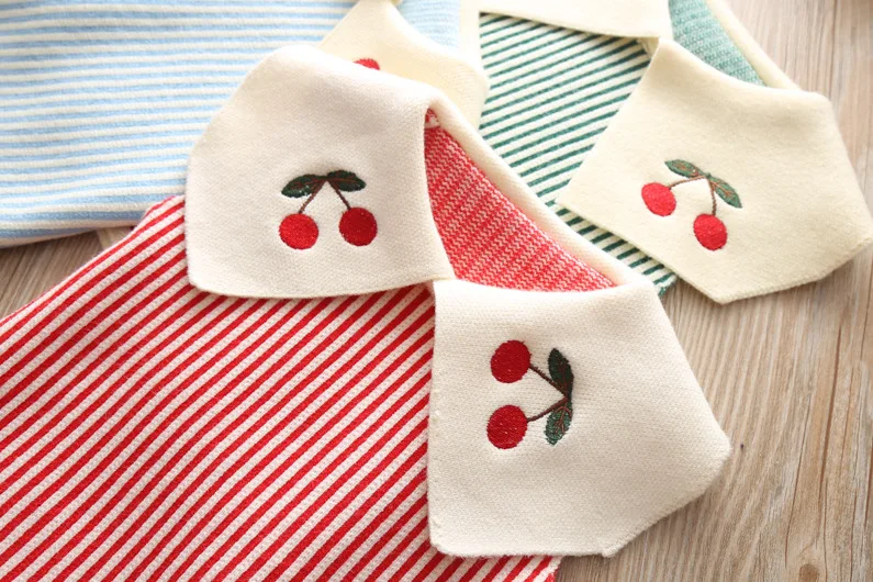 Spring And Autumn Girls' Sweater Vest Cherry Embroidered Fold-down Collar Vertical Striped Knitted Child Waistcoat 2179