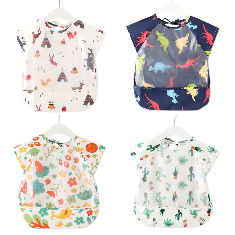 Baberos con estampado de animales caricatura para bebé, pechera infantil impermeable de EVA para niños, pantalones cortos de manga para todas las estaciones, babero de tela para bebé