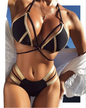 

Gold Line Solid Decoration Bikini Women's Sexy Swimsuit