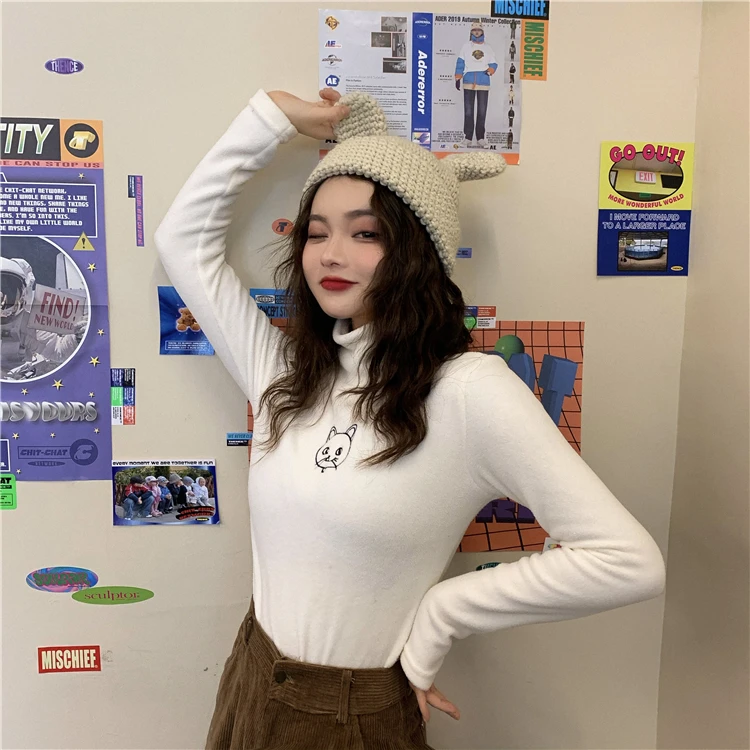 Флисовые футболки с вышитым котом, осенняя Водолазка с длинным рукавом, Harajuku Kawaii, женские теплые облегающие топы, уличная одежда W299