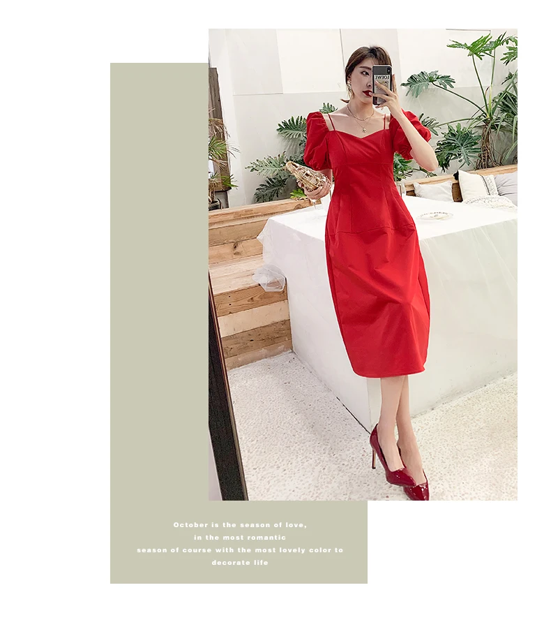 YIGELILA/Новое поступление; красное платье с квадратным воротником и короткими рукавами; платье принцессы трапециевидной формы с пышными рукавами; платье до середины икры в стиле ампир; 65351