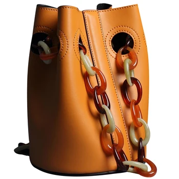 

Niche Design Cowhide Retro Bucket Bag Shoulder Messenger Bags Acrylic Chain Soft Leather Simple Tote Bag Top Quality Handbags