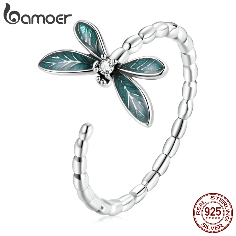 bamoer Vintage Green Dragonfly Ring 925 Sterling Silver Adjustable Finger Ring with Clear CZ Women Jewelry (packaged with box)