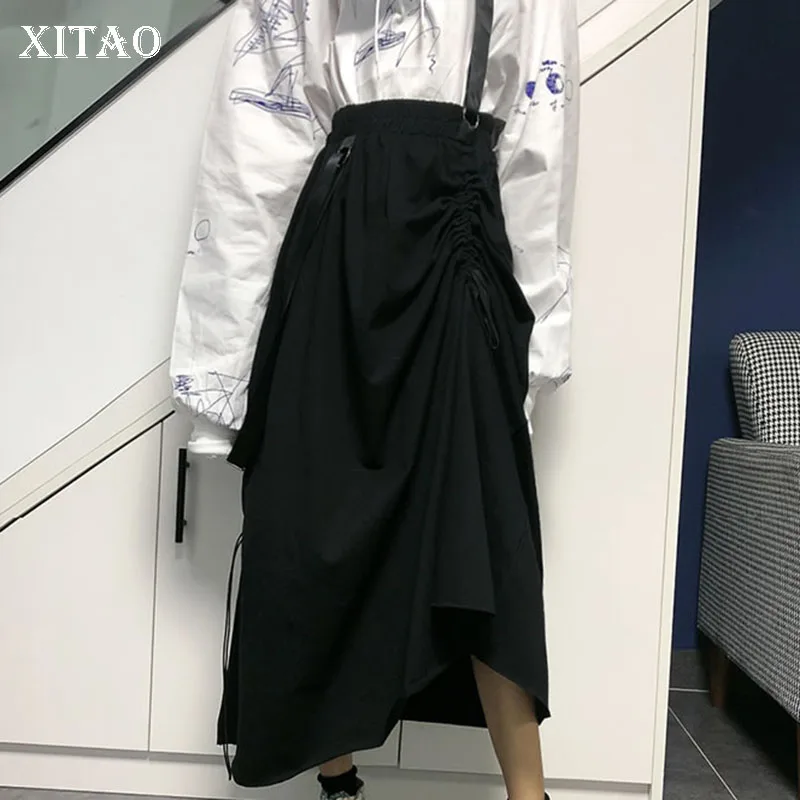 

XITAO Elegant Irregular Elastic Band Midi Skirt Vintage Drawstring Loose Casual Plus Size Skirt Women 2019 Autumn New WQR2092