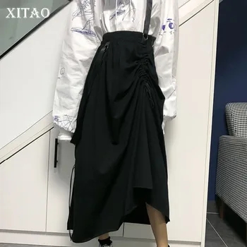 

XITAO Elegant Irregular Elastic Band Midi Skirt Vintage Drawstring Loose Casual Plus Size Skirt Women 2019 Autumn New WQR2092