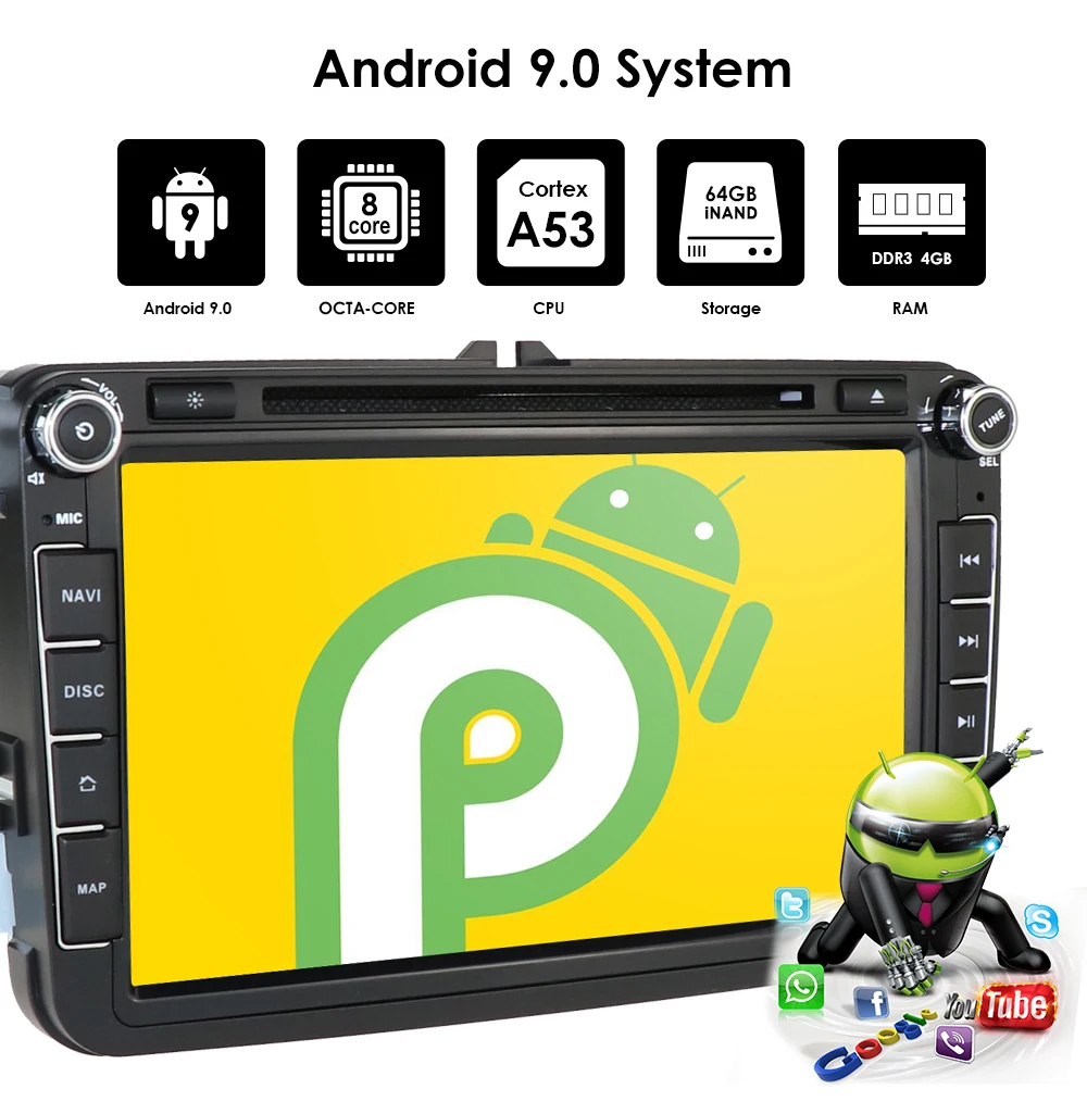 Perfect 2din android9.0 4Gcar dvd for vwpassat b6 b7 golf 5 tiguan polo octavia rapid fabia car multimedia player OctaCore 4GRAM+64GROM 6