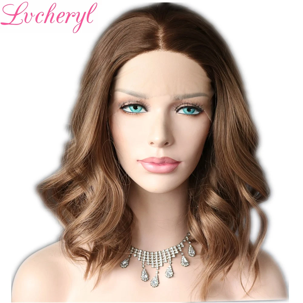 Lvcheryl темные корни Омбре Brwon короткие волнистые синтетические кружевные передние