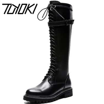 

Tuyoki Fashion Knee Boots Women Real Leather Shoes Women Winter Warm Shoes Lace Up Women Thick Heel Footwear Size 35-40