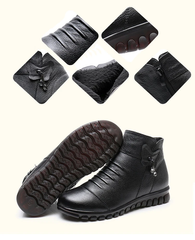 OUKAHUI/; зимние черные ботильоны из натуральной кожи; женская обувь на молнии с нескользящей подошвой; теплые плюшевые кожаные женские полусапожки на плоской подошве
