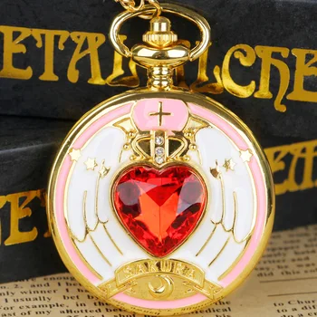 Red Sakura Animation Cosplay Pocket Watch FOB Chain Necklace Pocket Watches Gifts for Girls Ladie Souvenir