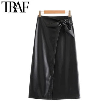 

TRAF Women Chic Fashion With Bow Tied Faux Leather Wrap Midi Dress Vintage High Elastic Waist Front Slit Female Skirts