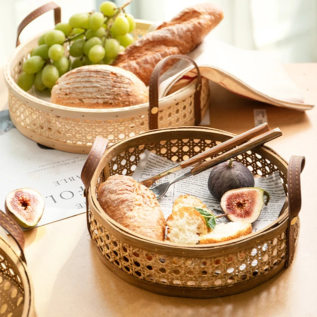 Hand-Woven Round Rattan Storage Basket Wicker Plate Fruit Snacks Serving Tray with Leather Handle 2