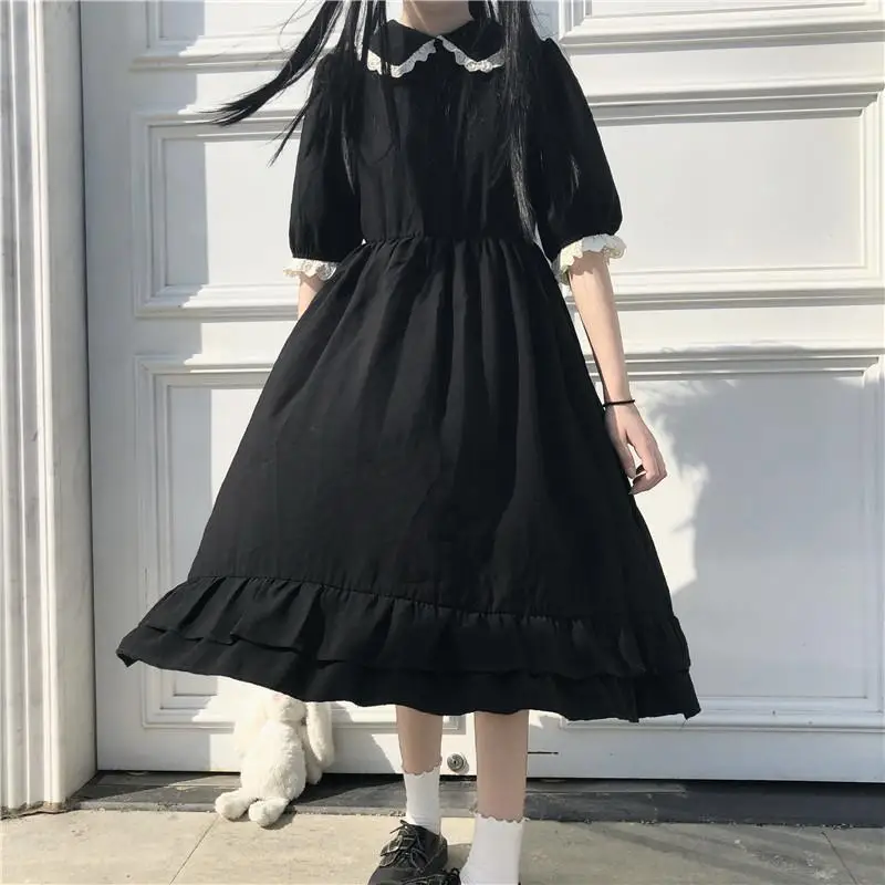 Oversize Dress Women Lace Cute Summer Simple Solid Leisure Korean Style Sweet Ladies Fashion  All-match Preppy Comfortable Loose birthday dress