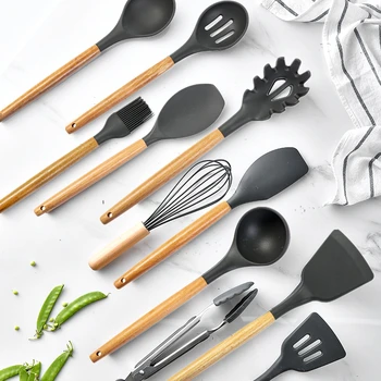 

Silicone Kitchen Tool Cooking Tool Utensils Set Spatula Shovel Soup Spoon Wooden Kitchenware Heat-resistant Non-Stick Cookware