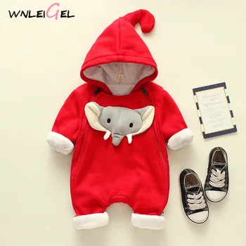 

WLG winter new born baby cotton thick romper toddler baby catoon elephant hooded solid rompers kids winter warm clothes