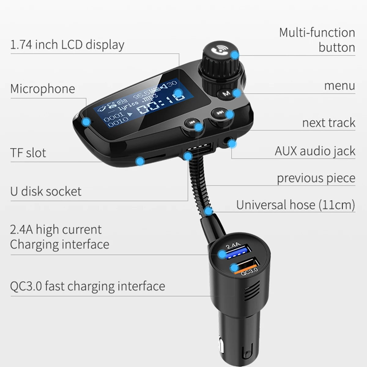SOONHUA QC3.0 Dual USB Автомобильное зарядное устройство MP3 музыкальный плеер автомобильные зарядные устройства автомобильный беспроводной комплект громкой связи fm-передатчик с микрофоном