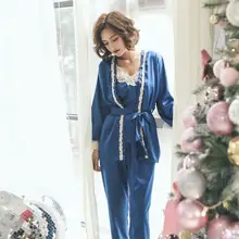 Милый Повседневный свободный пижамный комплект для девочек, с вышивкой, с длинными рукавами, брюки с поясом, комплект из 3 предметов, элегантные пижамы для женщин