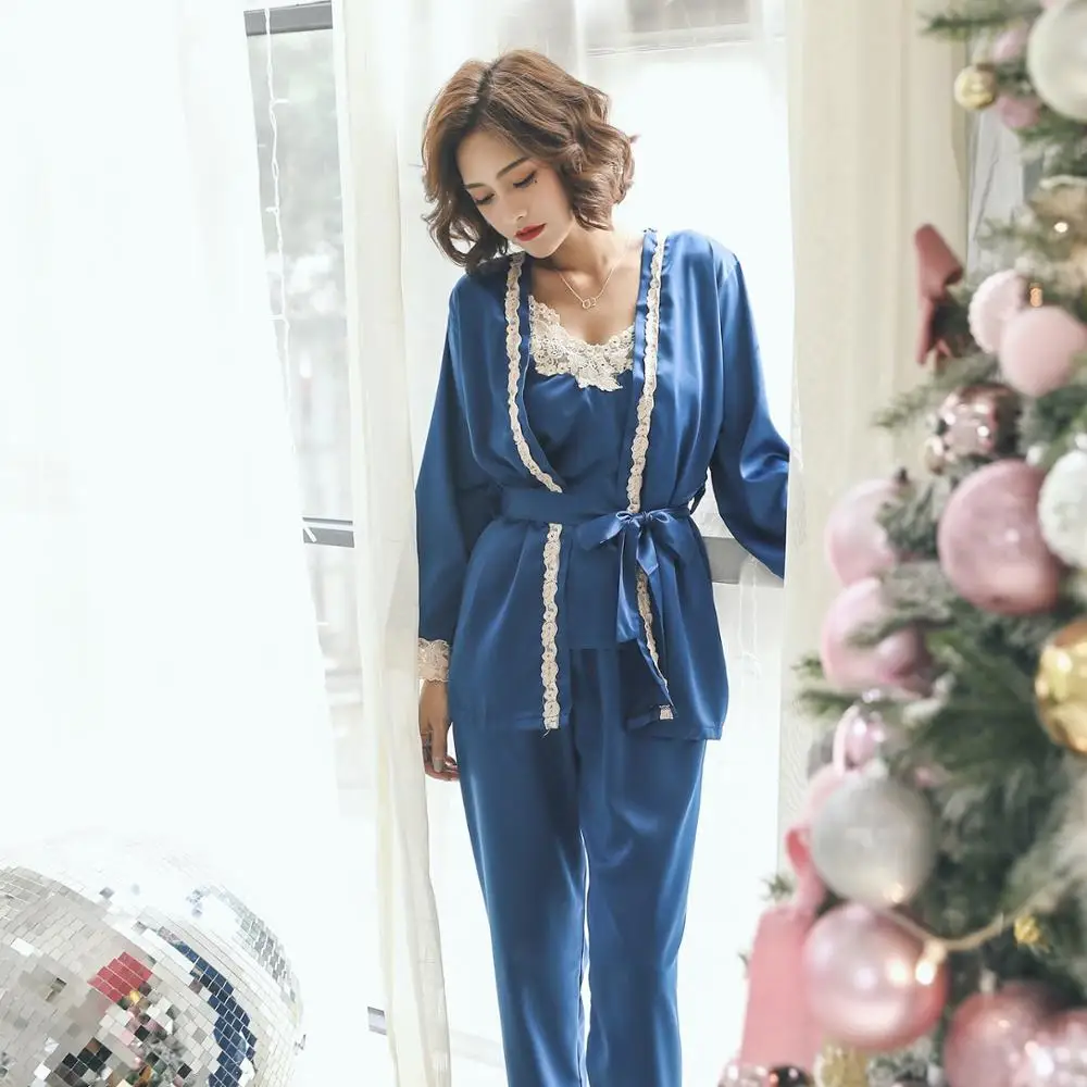 

Sweet Casual Loose Girl's Pajamas Set Lace Embroidered Stitching Long-sleeved Sashes Trousers 3 Piece Set Elegant Pajamas Women