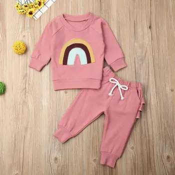 

0-3Y Cute Newborn Baby Girl Clothing Autumn Outfits Rainbow Long Sleeve T shirt Tops Tiered Pants Autumn Warm Tracksuit Clothes