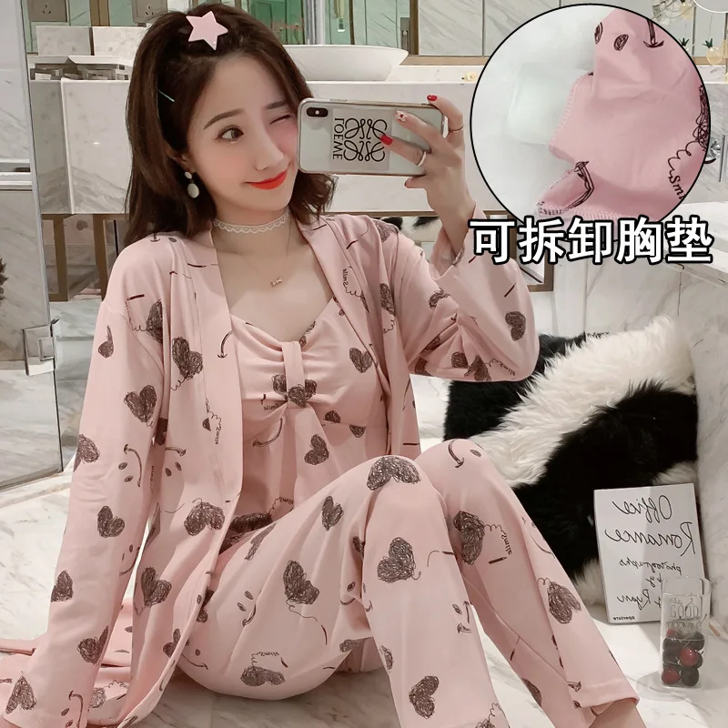 

Xx-887 # Sketch Heart Long Sleeve Camisole Sweet Pajamas with Chest Pad Homewear Set Three-piece Set