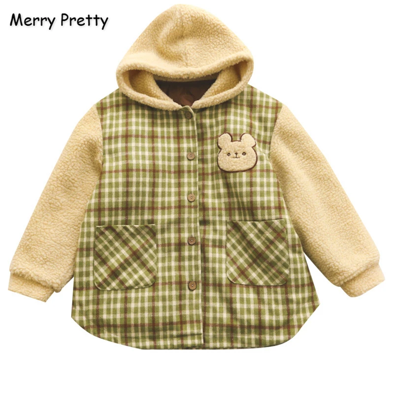 Merry Pretty, женское плотное клетчатое хлопковое пальто, новинка, с мультяшным медведем, с вышивкой, милое, Kawaii, верхняя одежда, пальто, Harajuku, куртка с капюшоном
