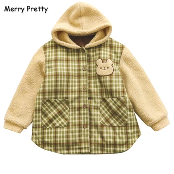 

Merry Pretty Women's Thick Plaid Cotton Coat 2020 New Cartoon Bear Embroidery Cute Kawaii Outerwear Coat Harajuku Hooded Jacket
