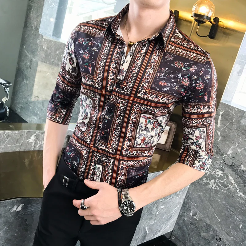 Роскошная мужская рубашка с принтом, короткий рукав, Camisa Masculina, облегающие повседневные рубашки, новинка, вечерние рубашки для ночного клуба