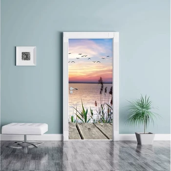 

Home Decor 3d Bird Evening Glow Seascape Door Sticker Self Adhesive Renew Print Wall Art PVC Waterproof Wallpaper Paste Picture