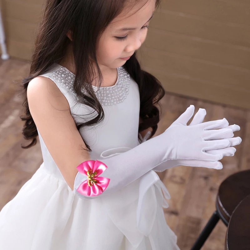 RUNHENG Kids Stretchy Satin Long Finger Dress Bowknot Gloves 11.4 Inch 