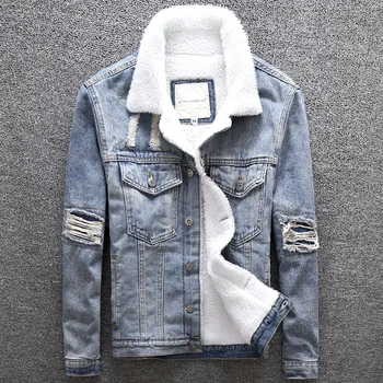 

European American Fashion Winter Jacket Men Patch Designer Ripped Denim Bomber Jacket Casual Thick Coats Velvet Warm Parka Men