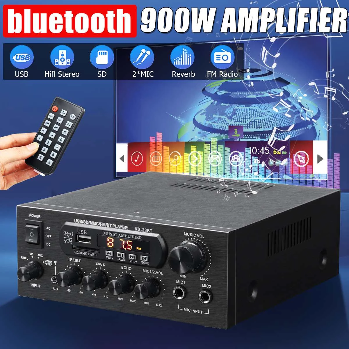 nationale vlag Ingang Eerder 1000W bluetooth Stereo Amplifier Surround Sound USB SD FM DVD AUX LCD  Display Home Cinema Karaoke Remote Control Audio Processor|Amplifier| -  AliExpress